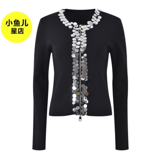 法式浪漫名媛风小众重工亮片圆领拉链上衣女短款修身显瘦针织开衫