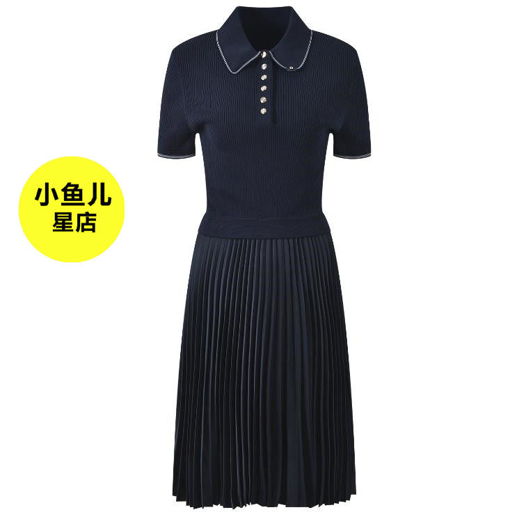 法式浪漫复古学院风气质时尚修身显瘦藏青色polo领短袖百褶连衣裙