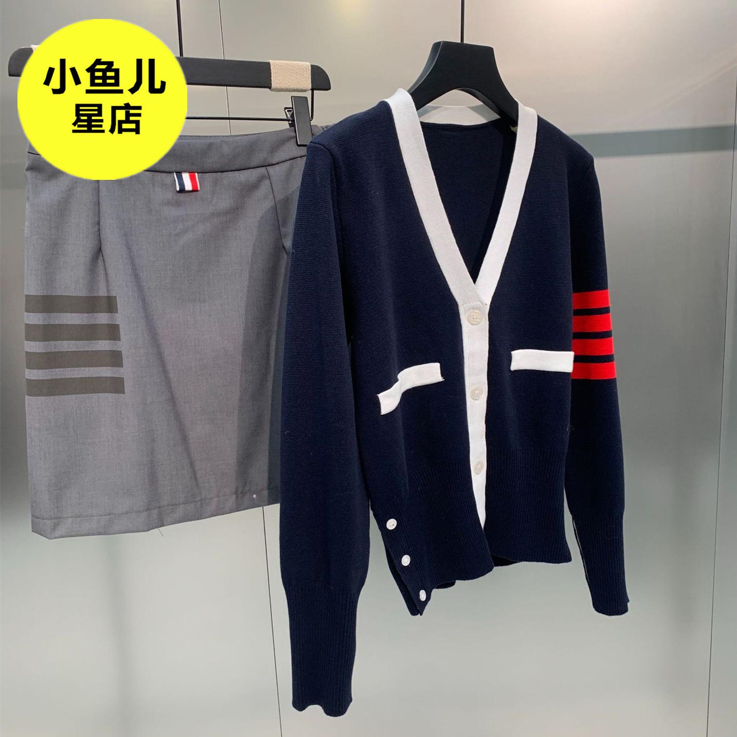 法式复古TB红色四道杠学院风V领上衣外套早春款时尚百搭针织开衫