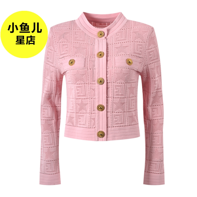 高端版 欧货巴黎奢感金扣星星提花短款圆领上衣薄款修身针织开衫