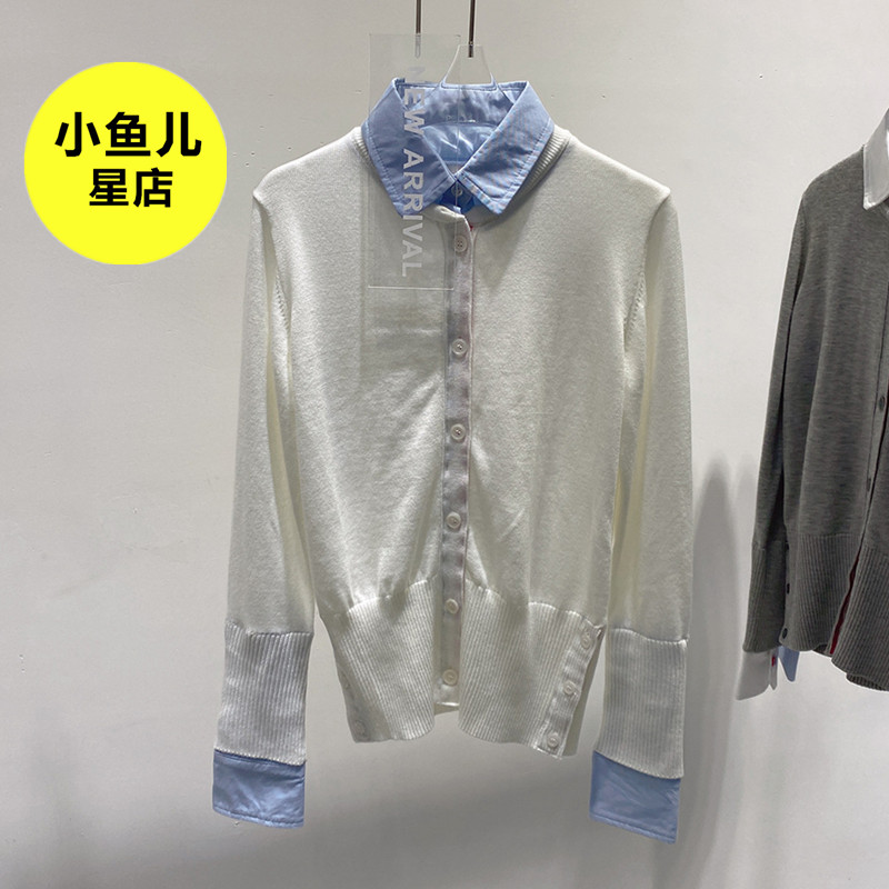 高端羊毛版 设计感学院风TB衬衫拼接假两件针织毛衣开衫上衣外套