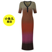 浪漫秋季 显瘦V领短袖 款 法式 渐变色波折纹气质时尚 修身 长款 连衣裙