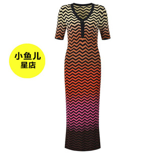 法式浪漫秋季款渐变色波折纹气质时尚修身显瘦V领短袖长款连衣裙