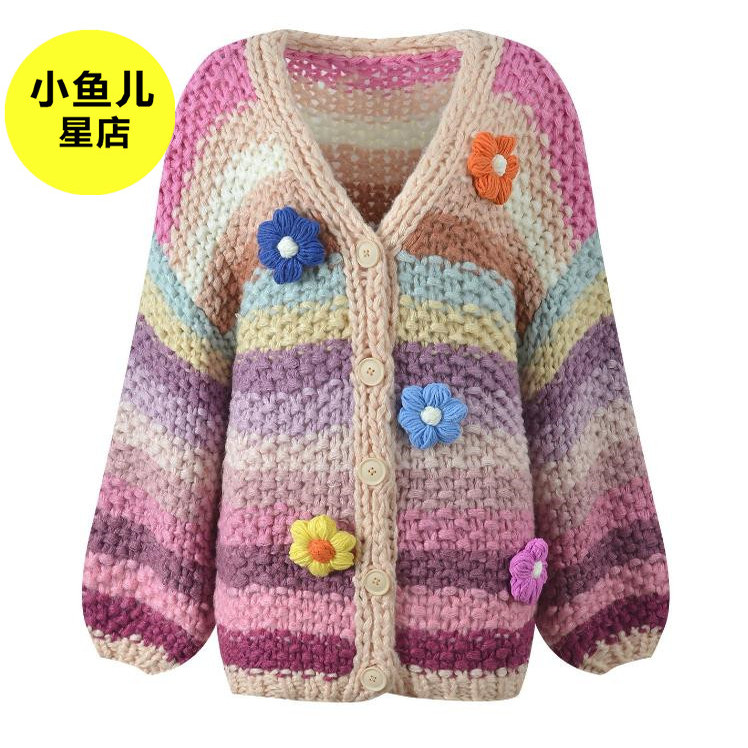 法式浪漫秋冬立体花朵撞色条纹宽松时尚减龄V领针织开衫毛衣外套