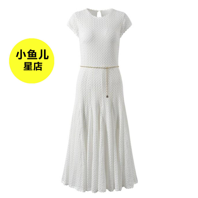 高端法式浪漫温柔风白色小众连衣裙轻熟气质针织收腰链条长款裙子