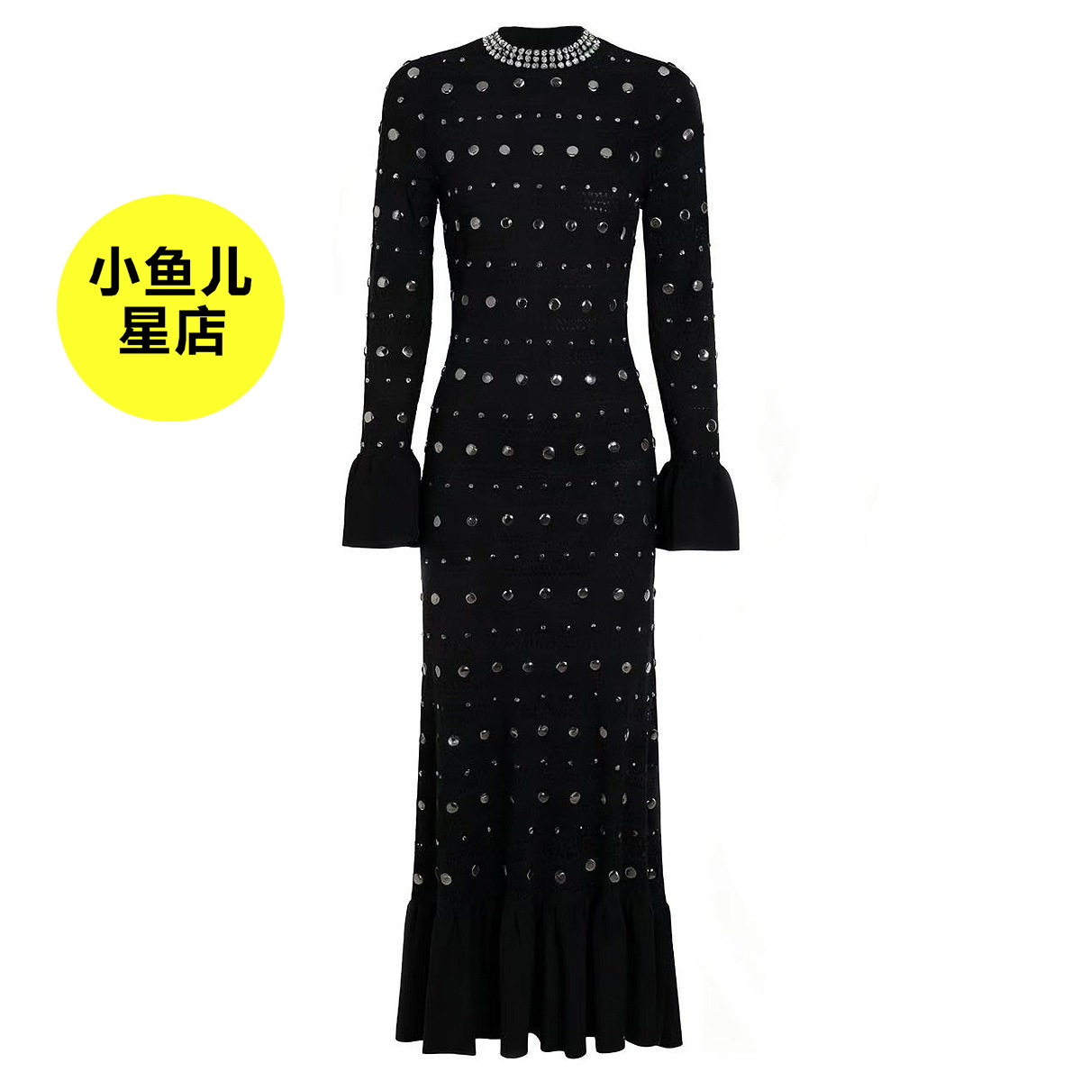 高端版法式浪漫名媛春秋新款针织圆领修身显瘦烫金属片长袖连衣裙
