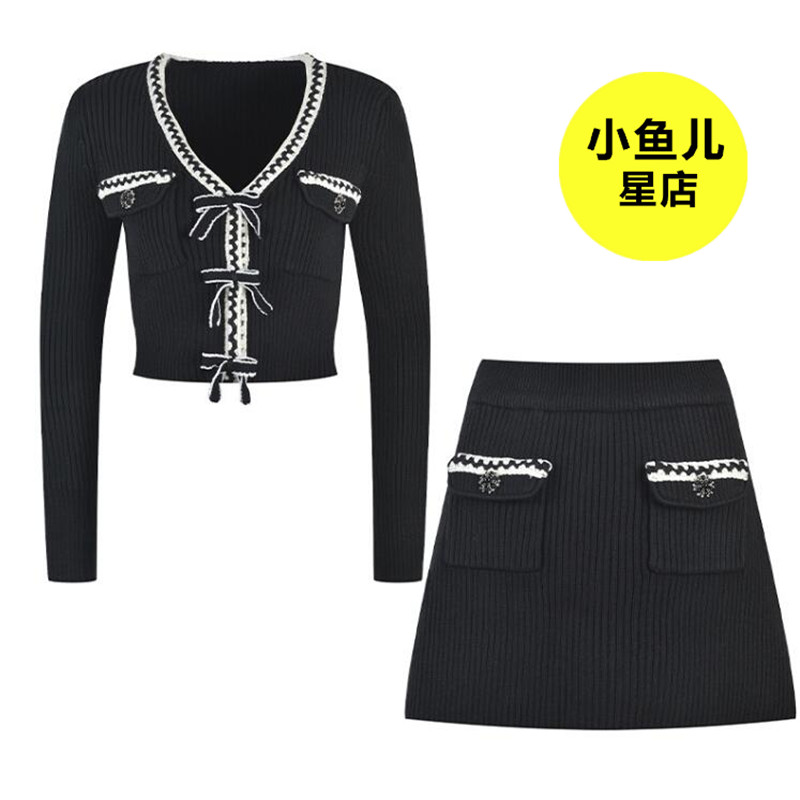 高端版 巴黎小众S家甜美时尚短款蝴蝶结针织上衣开衫女半裙套装