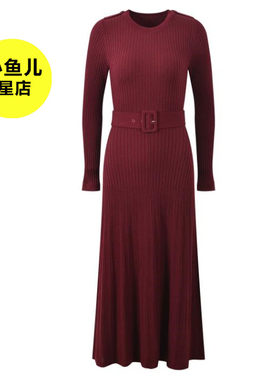 法式浪漫秋冬款简约时尚修身显瘦收腰长袖圆领腰带内搭针织连衣裙