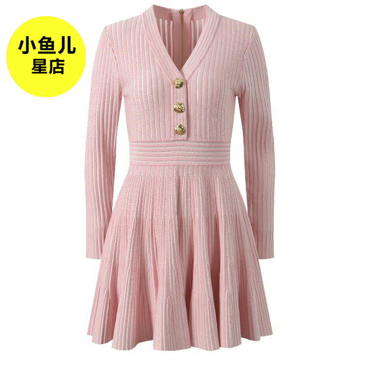 法式浪漫秋冬款名媛小香风V领金属扣气质优雅收腰显瘦长袖连衣裙