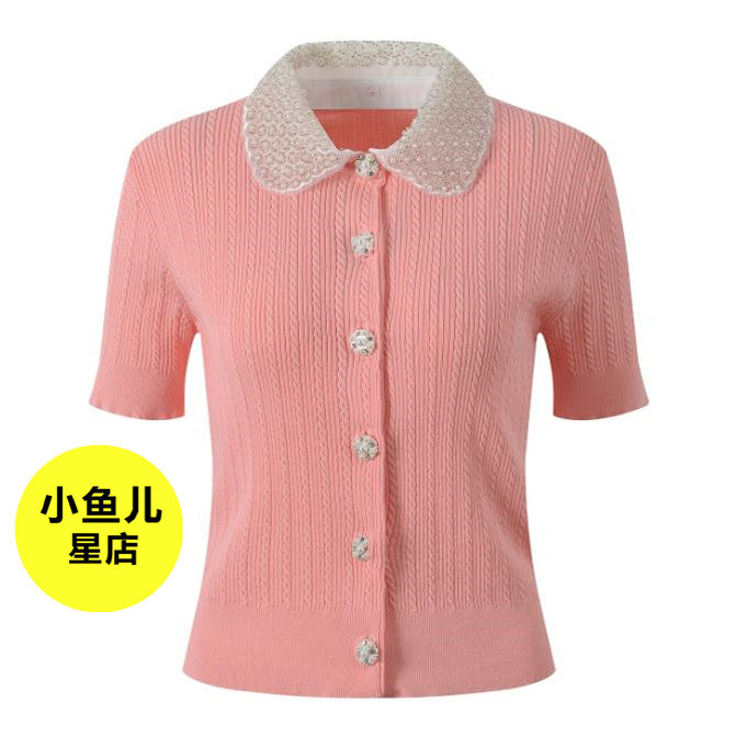 法式浪漫夏季温柔风气质百搭重工珍珠饰娃娃领显瘦减龄针织短袖女