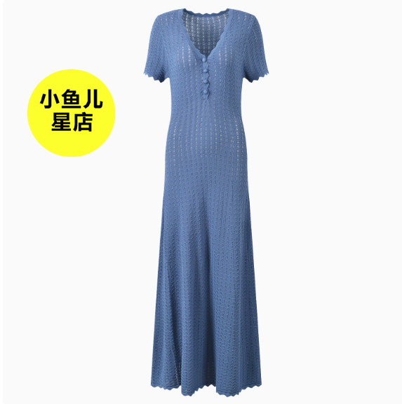 法式浪漫名媛风简约V领波浪纹镂空时尚修身显瘦针织长款连衣裙夏