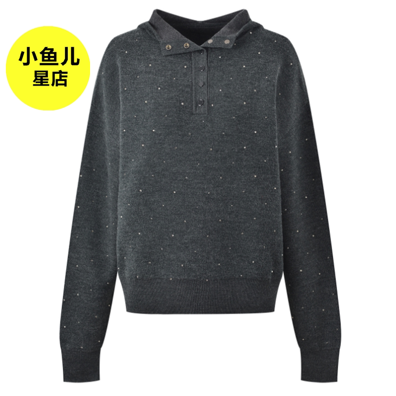高端法式浪漫重工烫钻高领连帽灰色时尚百搭通勤小众针织衫上衣女