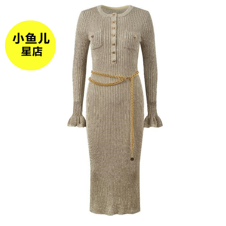 法式浪漫名媛风气质时尚优雅修身显瘦圆领含腰链长袖针织连衣裙女