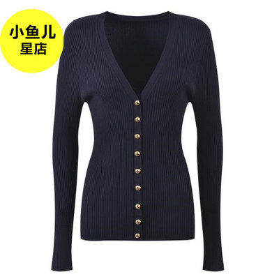 法式浪漫名媛藏蓝色简约洋气修身显瘦百搭V领竖条纹针织开衫上衣