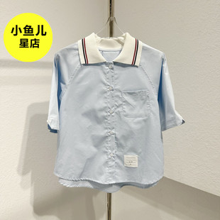 韩版小众设计感tb学院风翻领短袖衬衫女时尚休闲百搭减龄短款上衣