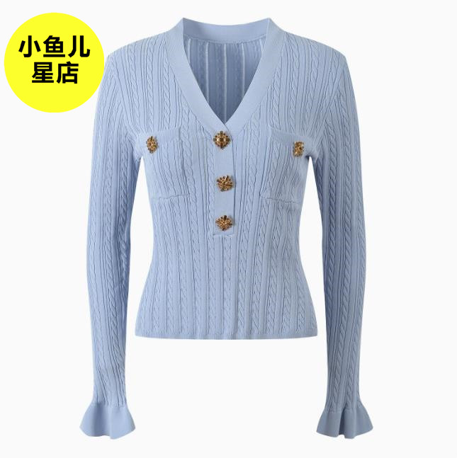 法式浪漫春季款小香风钻饰纽扣绞花V领针织开衫气质修身显瘦上衣