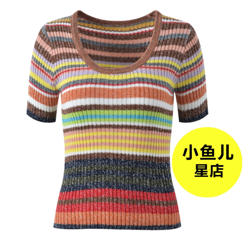 法式浪漫小众设计感彩虹条纹撞色U领短袖针织衫夏季休闲套头上衣