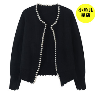 高端百分50羊毛 港风圆领珍珠镶边针织衫女羊毛外套毛衣开衫