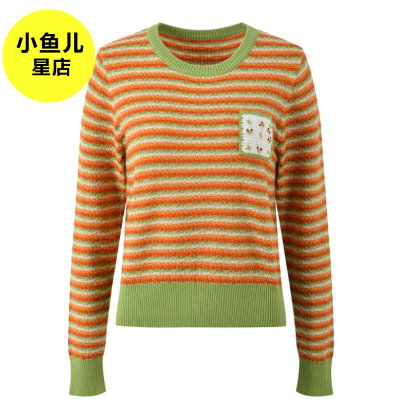 法式浪漫早秋设计感钩花撞色圆领活力减龄休闲百搭针织衫套头毛衣