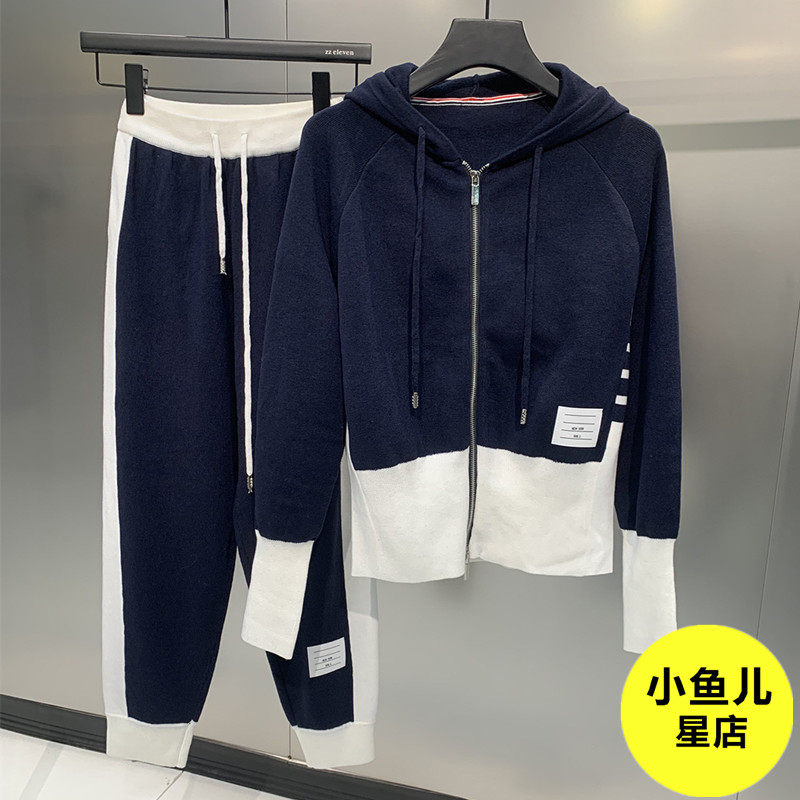 高端法式复古TB四道杠双拉链短款连帽衫卫衣休闲束脚卫裤两件套女