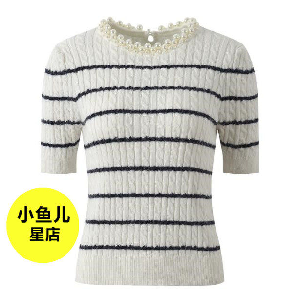法式浪漫小香风黑白条纹珍珠圆领短袖提花针织衫上衣洋气百搭毛衣