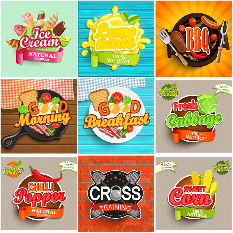 水果果汁甜品蔬菜牛奶啤酒微商头像标签巧克力ai矢量店标设计素材