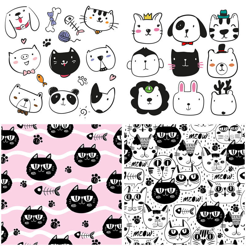 免扣 可爱手绘卡通简笔画动物 eps矢量素材涂鸦小猪猫咪鱼骨插画