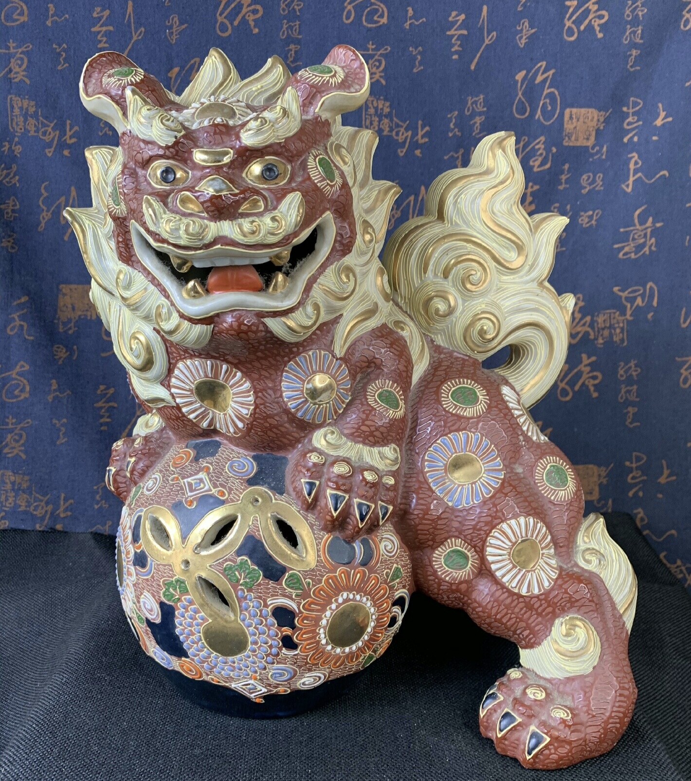 日本进口中古瓷器全新正品九谷烧狮子摆件置物(高34.5宽28cm)