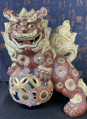 日本进口中古瓷器全新正品九谷烧狮子摆件置物（高34.5宽28cm）