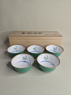 日本进口中古瓷器全新正品香兰社经典绿釉兰花五客杯茶杯