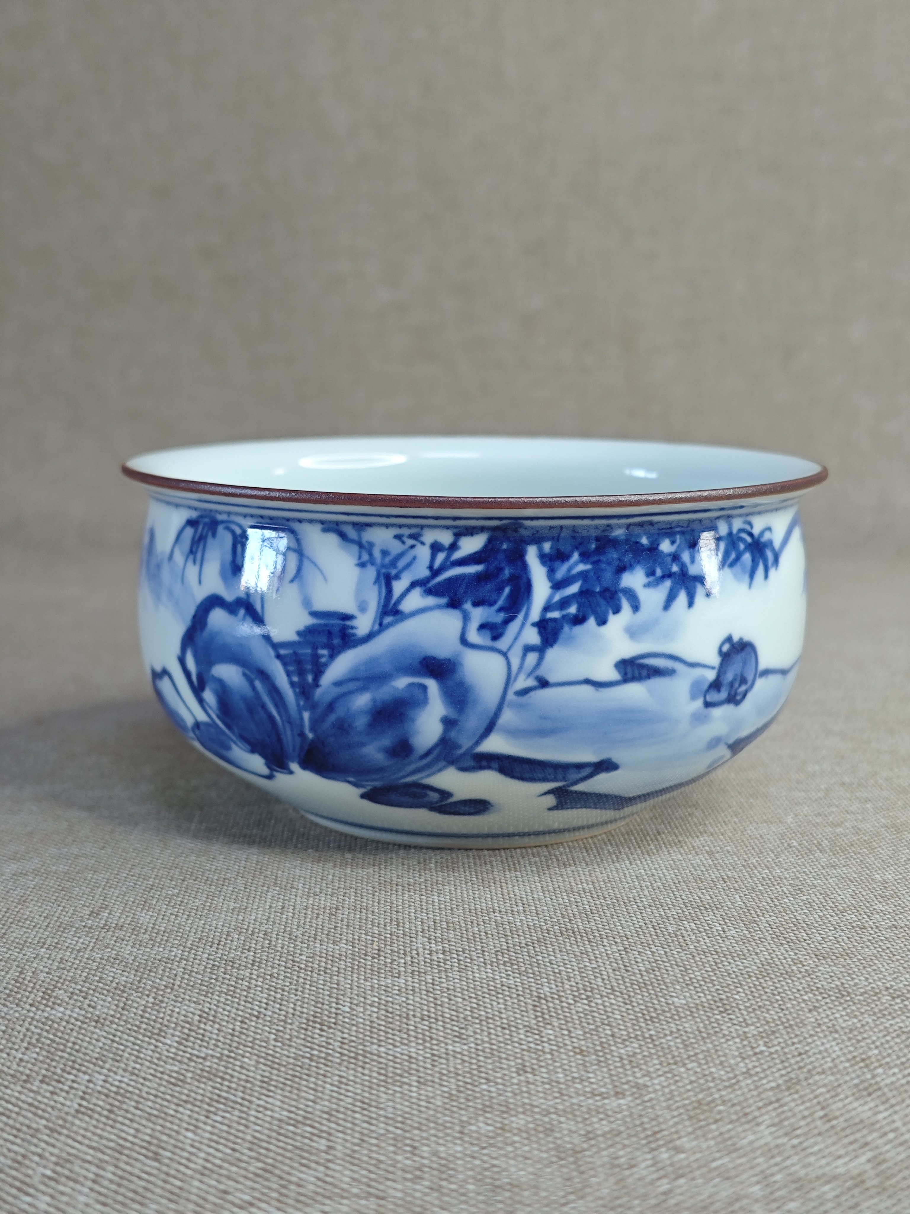 日本进口中古瓷器正品清水烧平安白凤作手绘青花山水建水茶道具