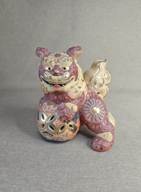 日本中古瓷器正品九谷烧狮子摆件九谷狮子茶室装饰