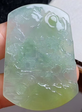 A货缅甸天然翡翠 意境山水牌 冰种黄翡 精雕细刻  49.7-35.2-5.2