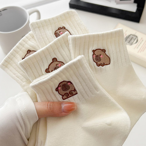 【5双装】探秘卡皮巴拉表情可爱女生船袜萌趣少女手包