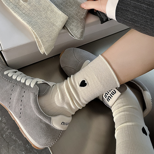 【5双装】穿搭不重样早秋极简韩系卷边刺绣爱心抽条可堆堆