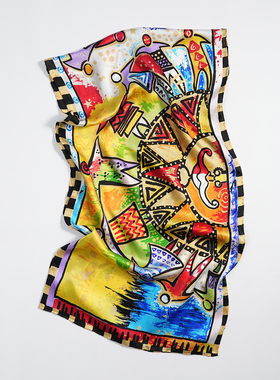 卡通画太阳图腾窄版长丝巾100%桑蚕丝真丝围巾春夏秋季女领巾新款