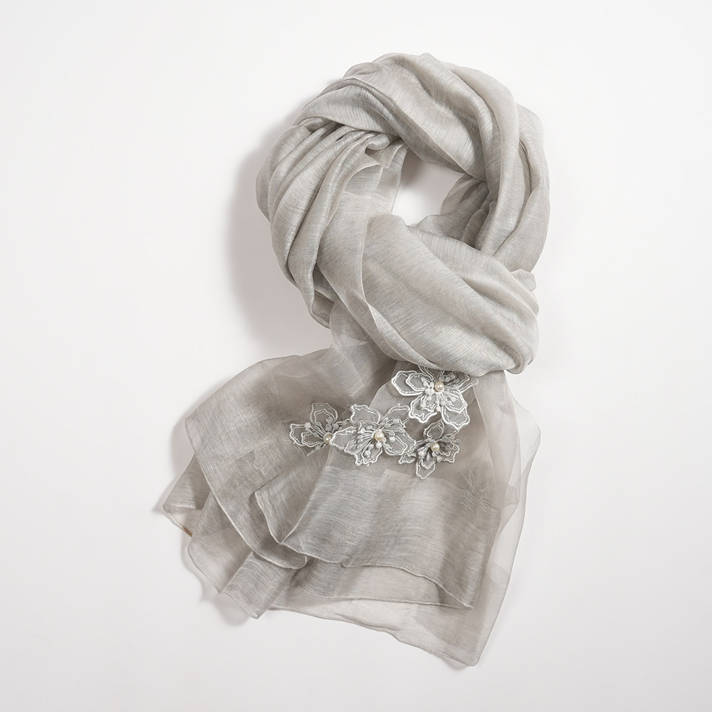 真丝羊毛纯色刺绣丝巾围巾