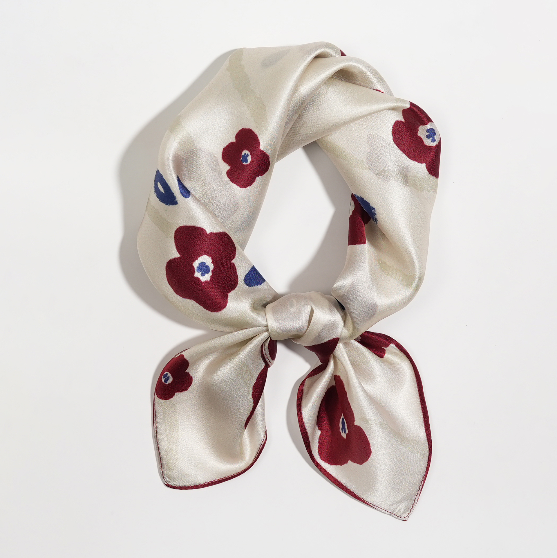 小红花53cm真丝素绉缎小方巾100%桑蚕丝薄款女小丝巾春夏秋季新款