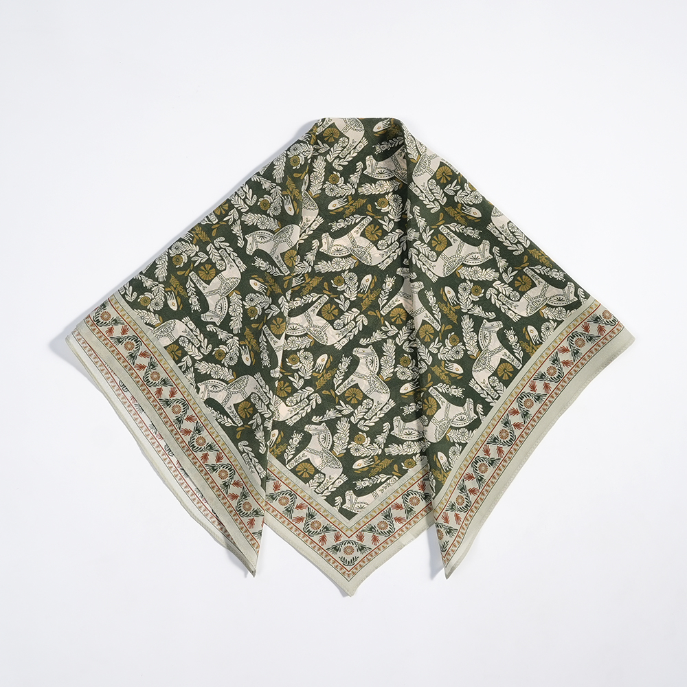 墨绿小马68cm真丝双绉中方巾100%桑蚕丝薄款女春秋夏季新款丝巾