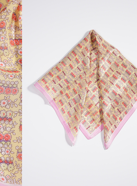 黄色碎花65cm缎条绡真丝中小方巾100%桑蚕丝百搭春秋夏季女小丝巾