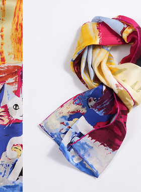 猫CAT油画100%桑蚕丝窄版长款丝巾真丝围巾春秋季女丝绸领巾文艺