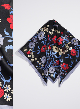 黑色碎花65cm缎条绡真丝中小方巾100%桑蚕丝百搭春秋夏季女小丝巾