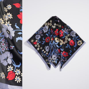 黑色碎花65cm缎条绡真丝中小方巾100%桑蚕丝百搭春秋夏季 女小丝巾