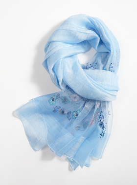 碎花环刺绣蓝色真丝羊毛长款围巾披肩两用女春秋冬季百搭保暖中年