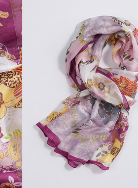 紫色碎花缎条绡100%桑蚕丝真丝薄款丝巾纱巾春秋夏季女士妈妈中年