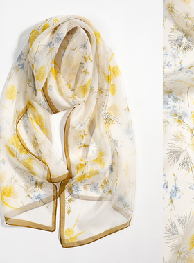 黄色碎花100%桑蚕丝真丝雪纺窄版长丝巾薄款女妈妈中年春夏季新款