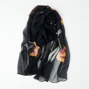 100%桑蚕丝薄款真丝乔其纱巾丝巾围巾春秋季女士妈妈中年黑色百搭