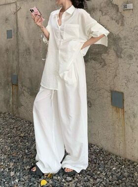 气质白色polo领衬衫上衣松弛感套装女夏季时尚休闲阔腿裤子两件套