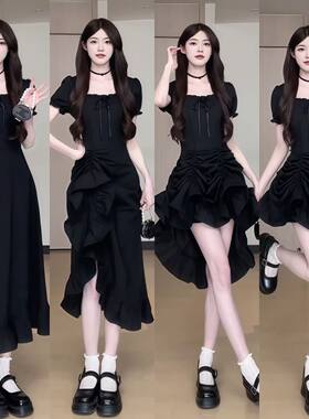 大码设计感时尚连衣裙三穿抽绳中裙女夏季收腰方口领绝美a字长裙