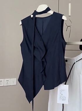 韩系藏青色v领无袖衬衫女夏季荷叶边小衫不规则巨好看设计感上衣